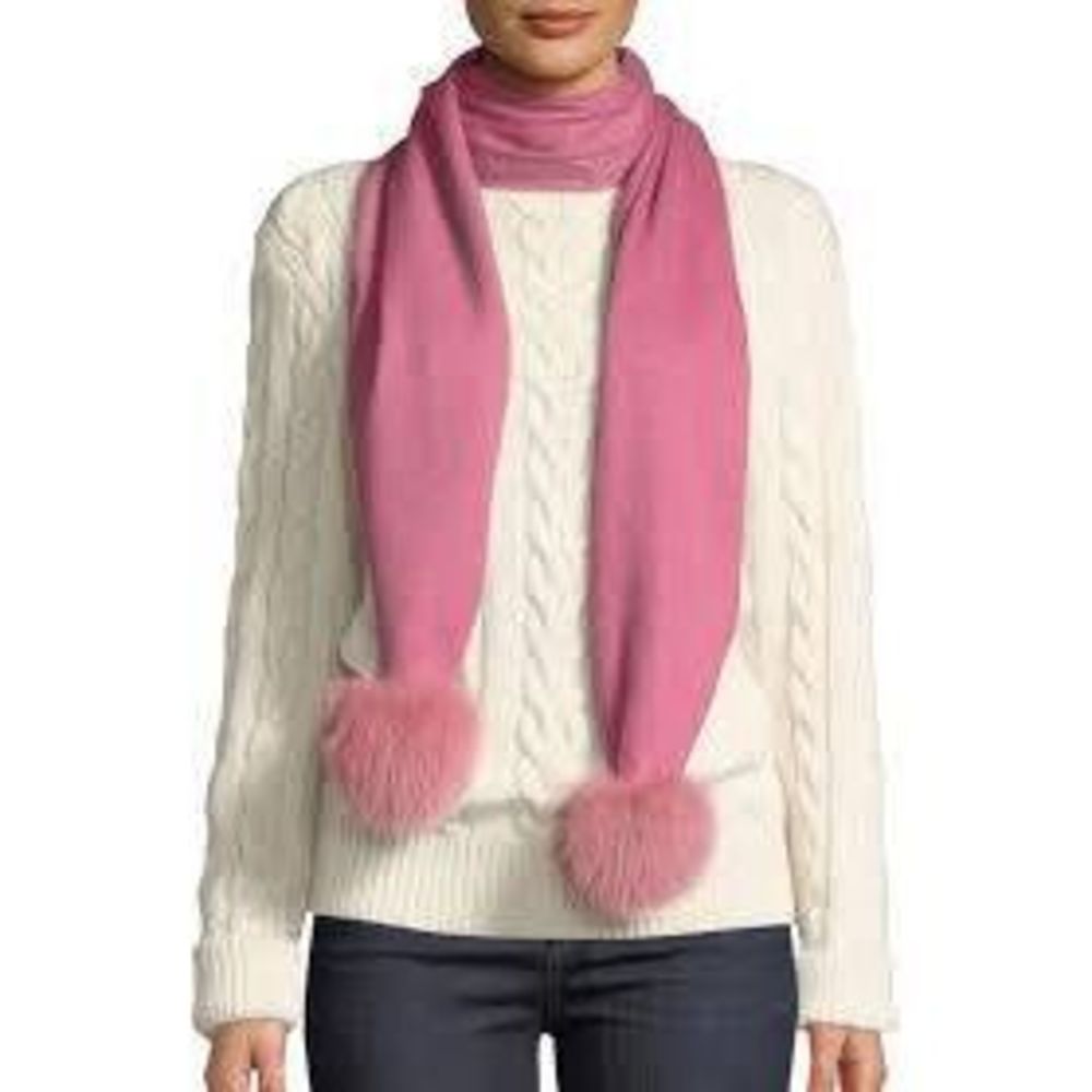 Gorski Cashmere Scarf Fox Fur Pom Poms NWT Pink